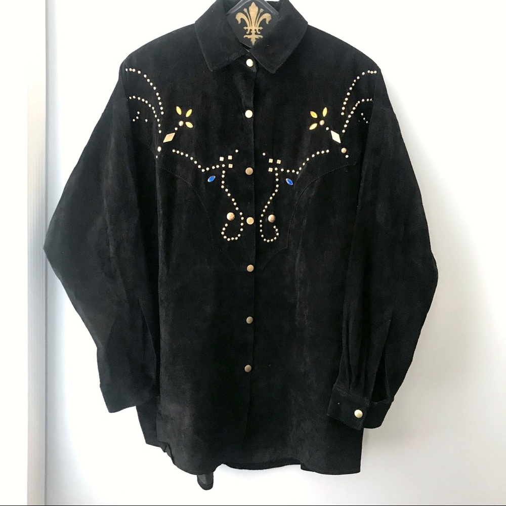 VTG Suede Embellished Shirt Gold Metal Studs M